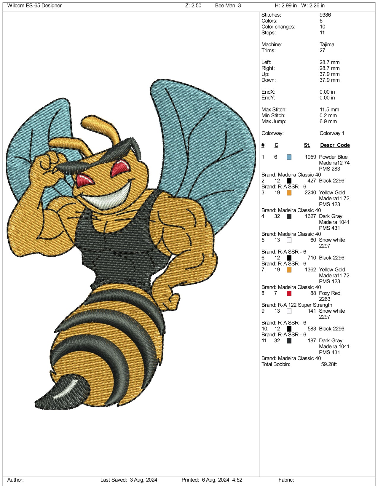 Muscle Bee Embroidery Files - 3 Size's