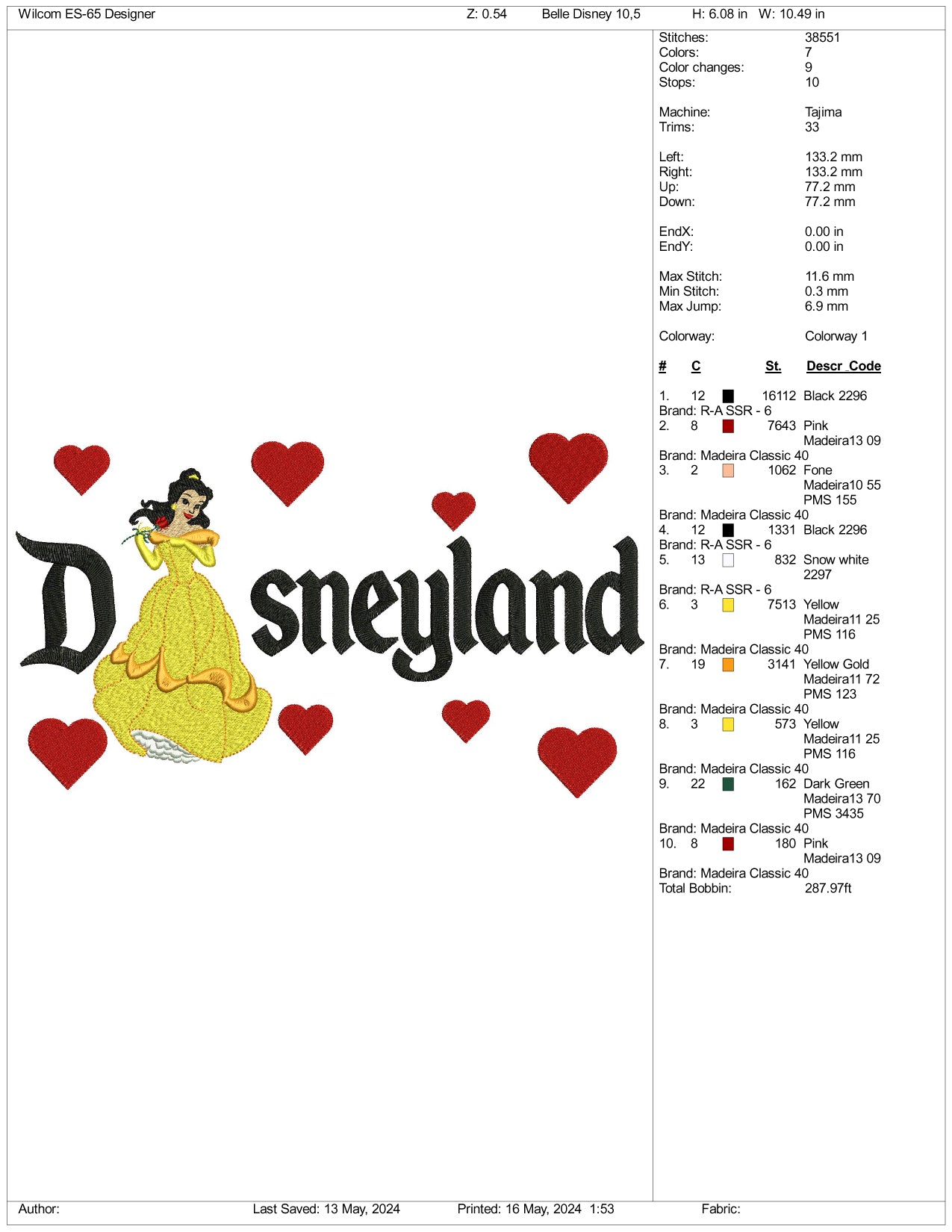 Belle v1 Disneyland Embroidery Design Files - 3 Size's
