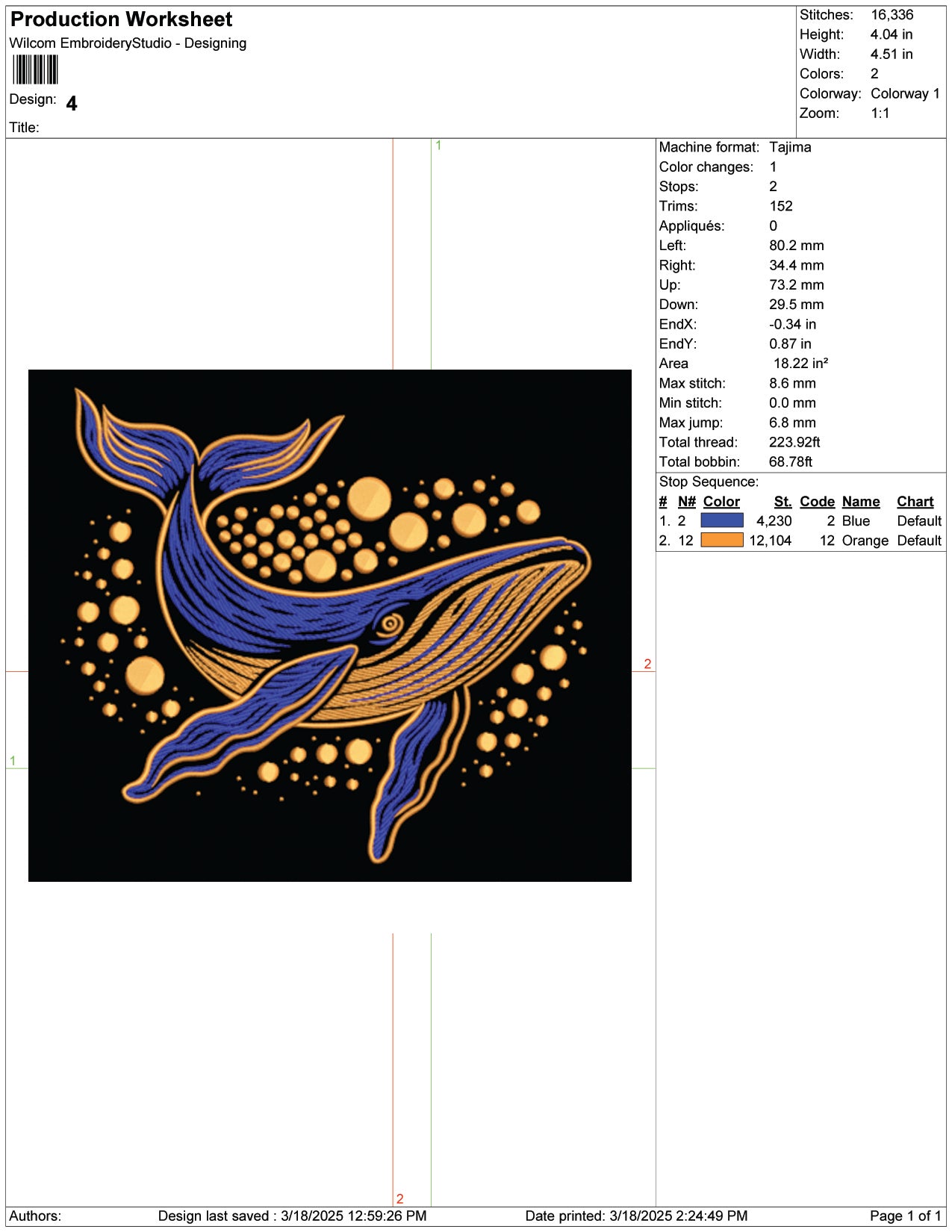 Blue Whale Embroidery Design Files - 9 Size's