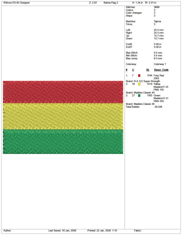Bolivia Flag Embroidery Design Files - 3 Size's