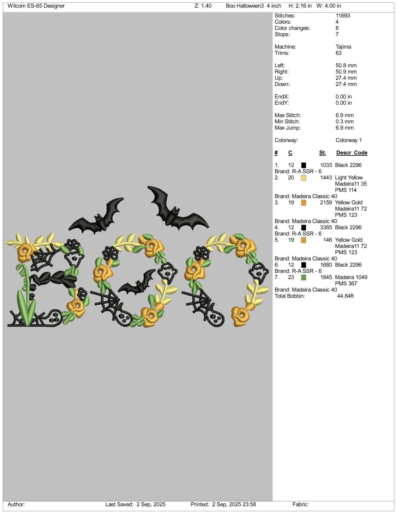 Floral Vampire Boo Embroidery Design Files - 3 Size's