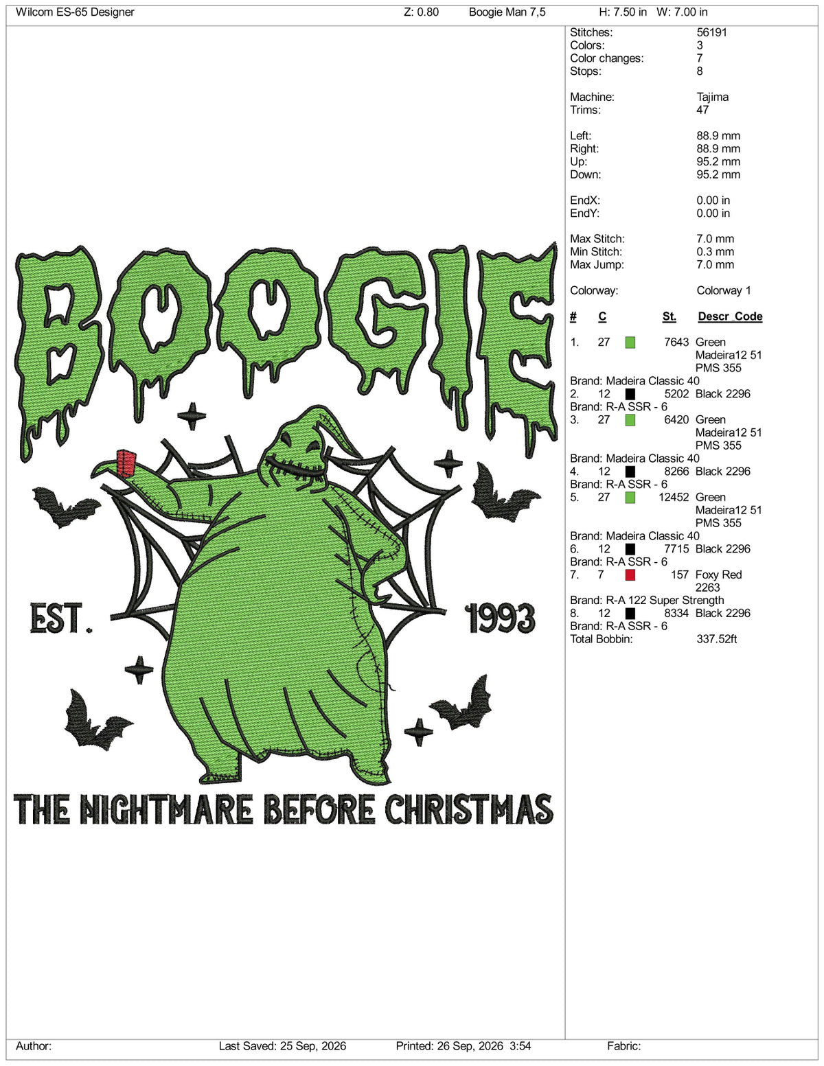 Boogie Man The Nightmare Before Christmas Embroidery Design Files - 3 Size's