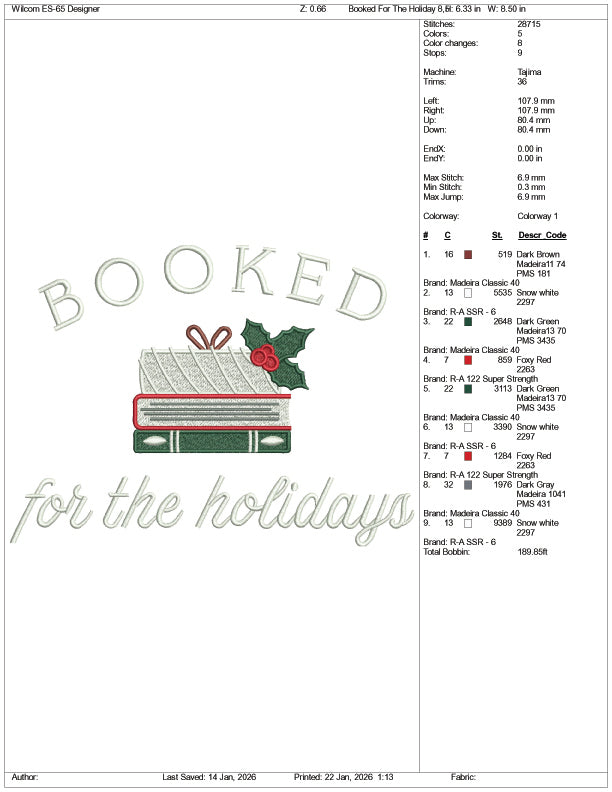 Booked For The Holiday Embroidery Design Files - 3 Size's