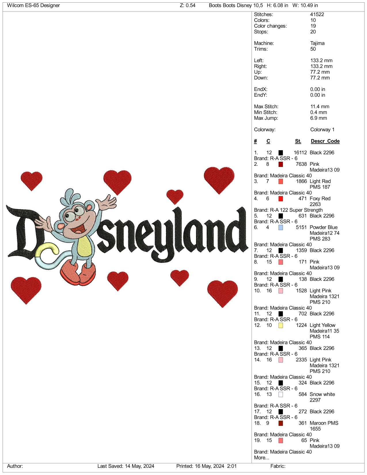 Archivos de diseño de bordado de Boots v1 Disneyland (3 tamaños)