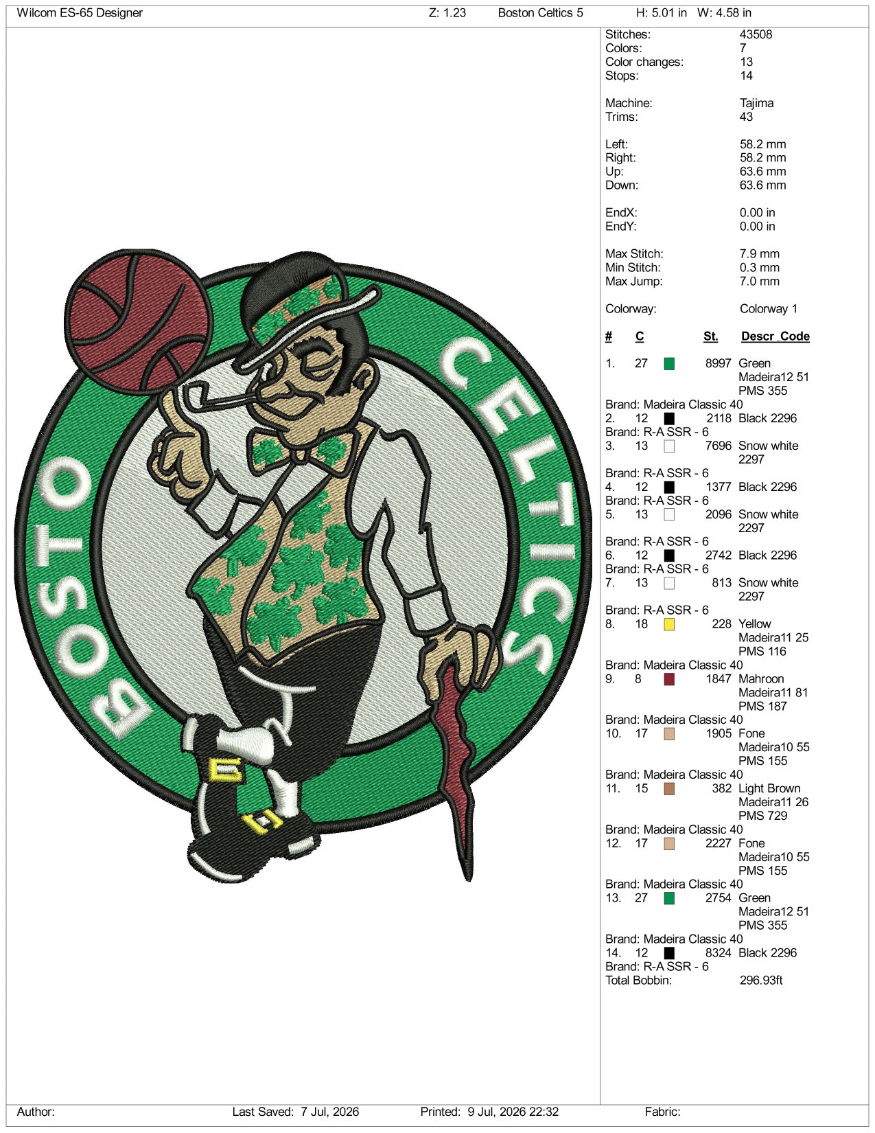 Boston Celtics Basketball Logo Embroidery Design Files - 3 Size's