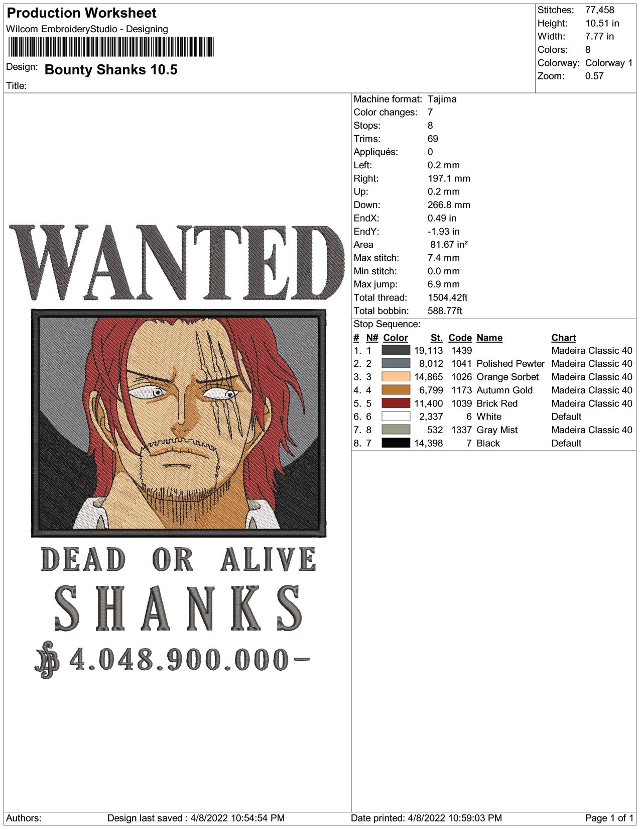 Bounty Wanted Shanks Embroidery Design Files - 6 Size's