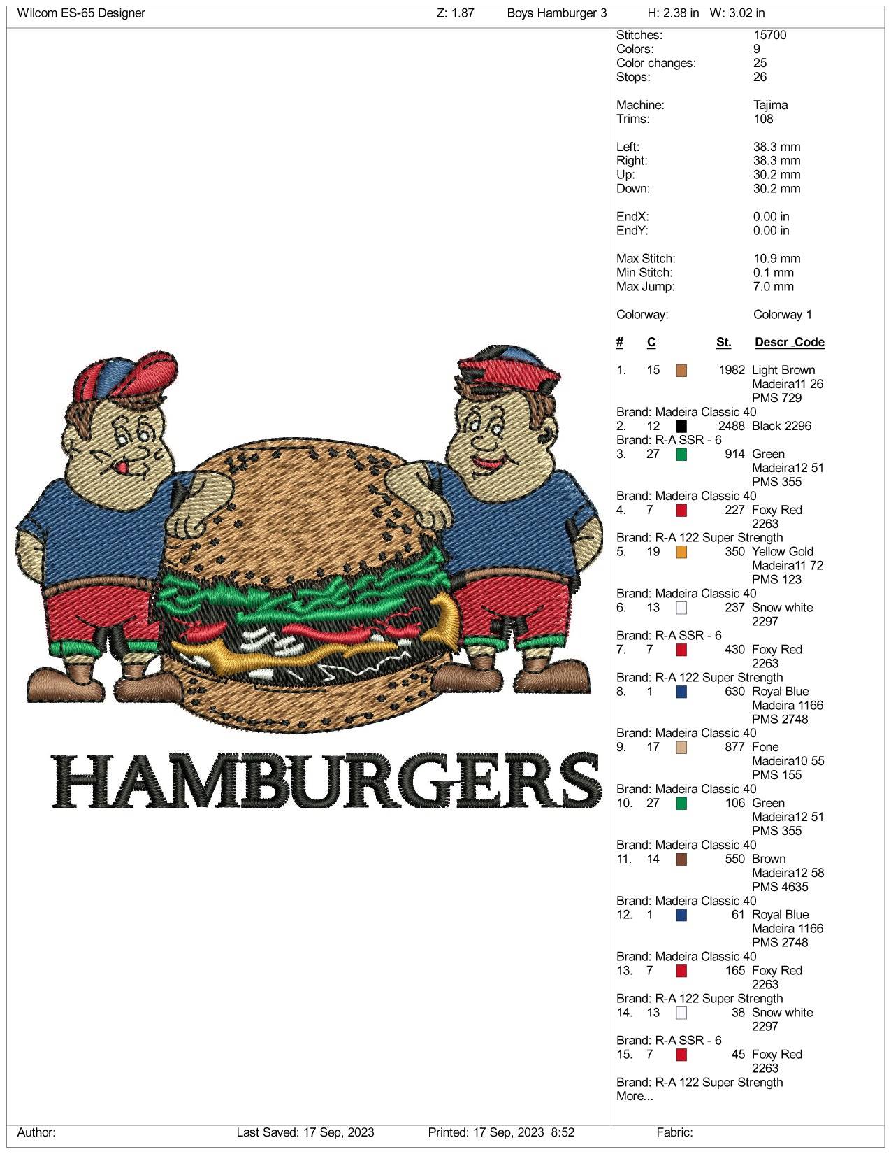 Hamburgers Buddy's Embroidery Design Files - 3 Size's