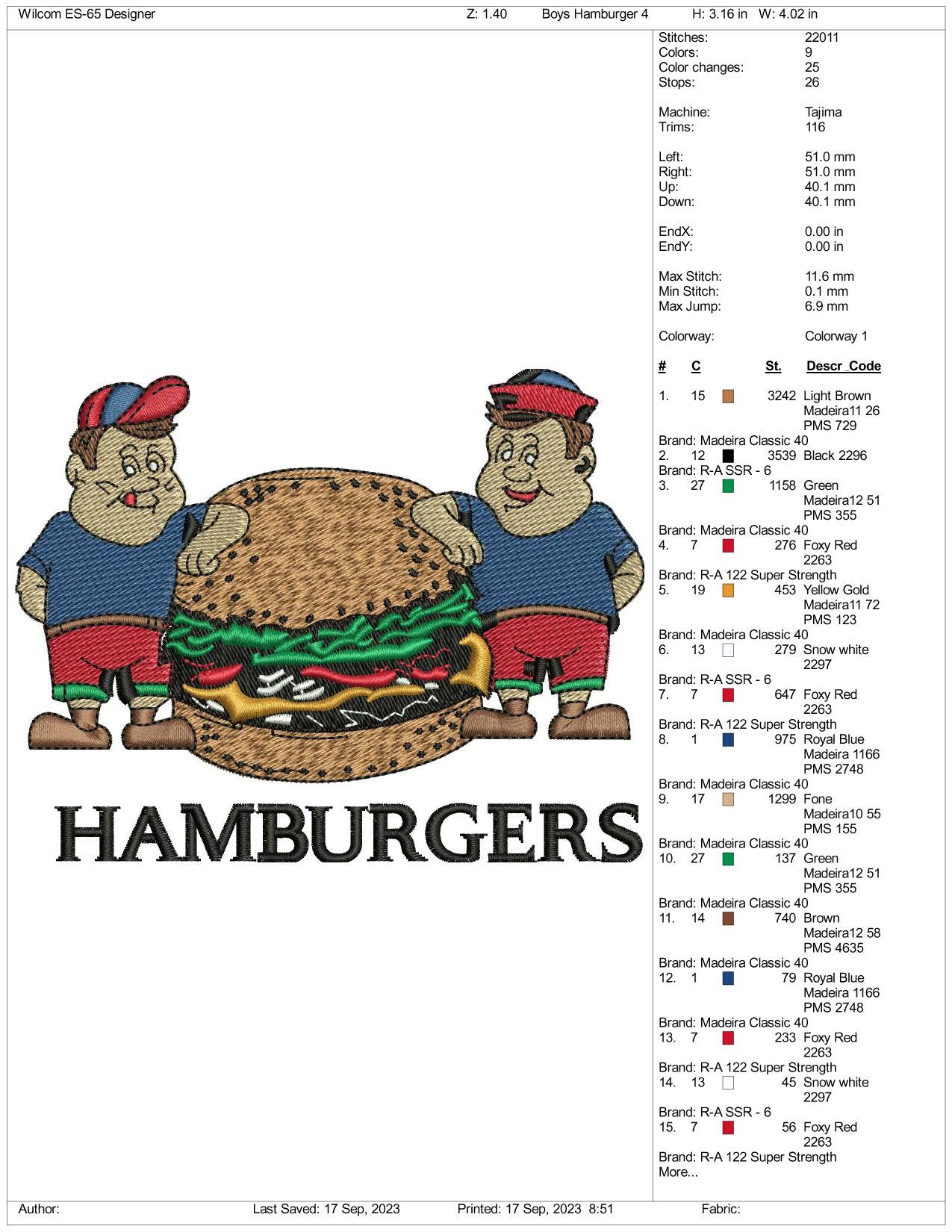Hamburgers Buddy's Embroidery Design Files - 3 Size's