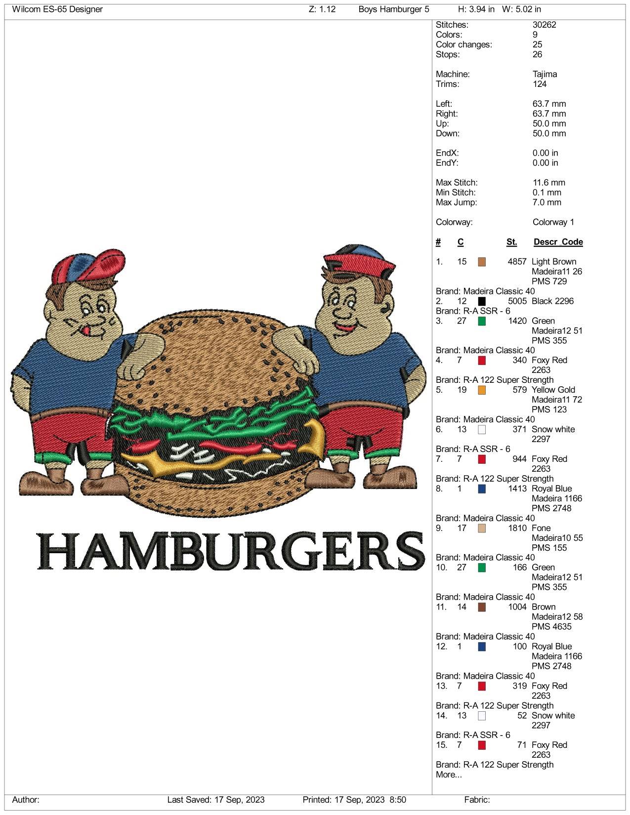 Hamburgers Buddy's Embroidery Design Files - 3 Size's