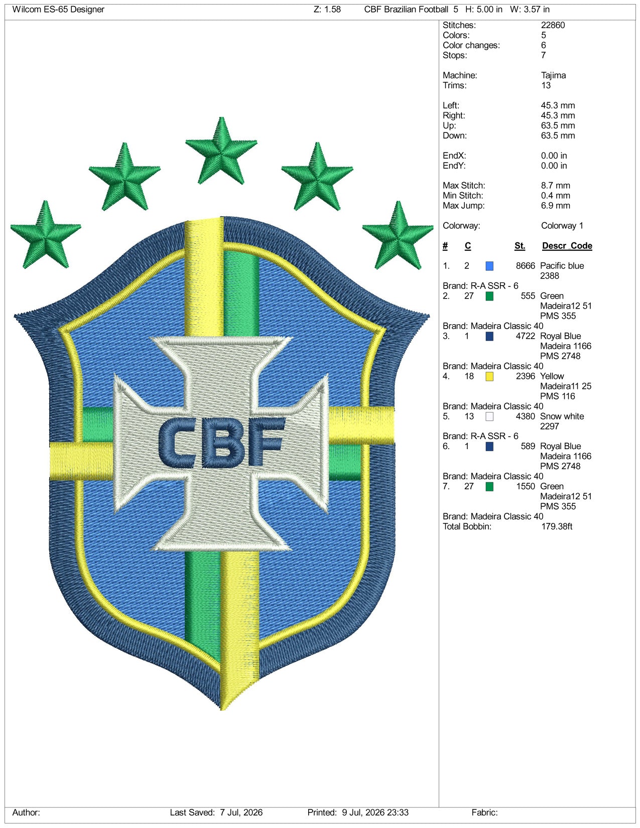 Brazilian Football Confederation Football Logo Embroidery Design Files - 3 Size's