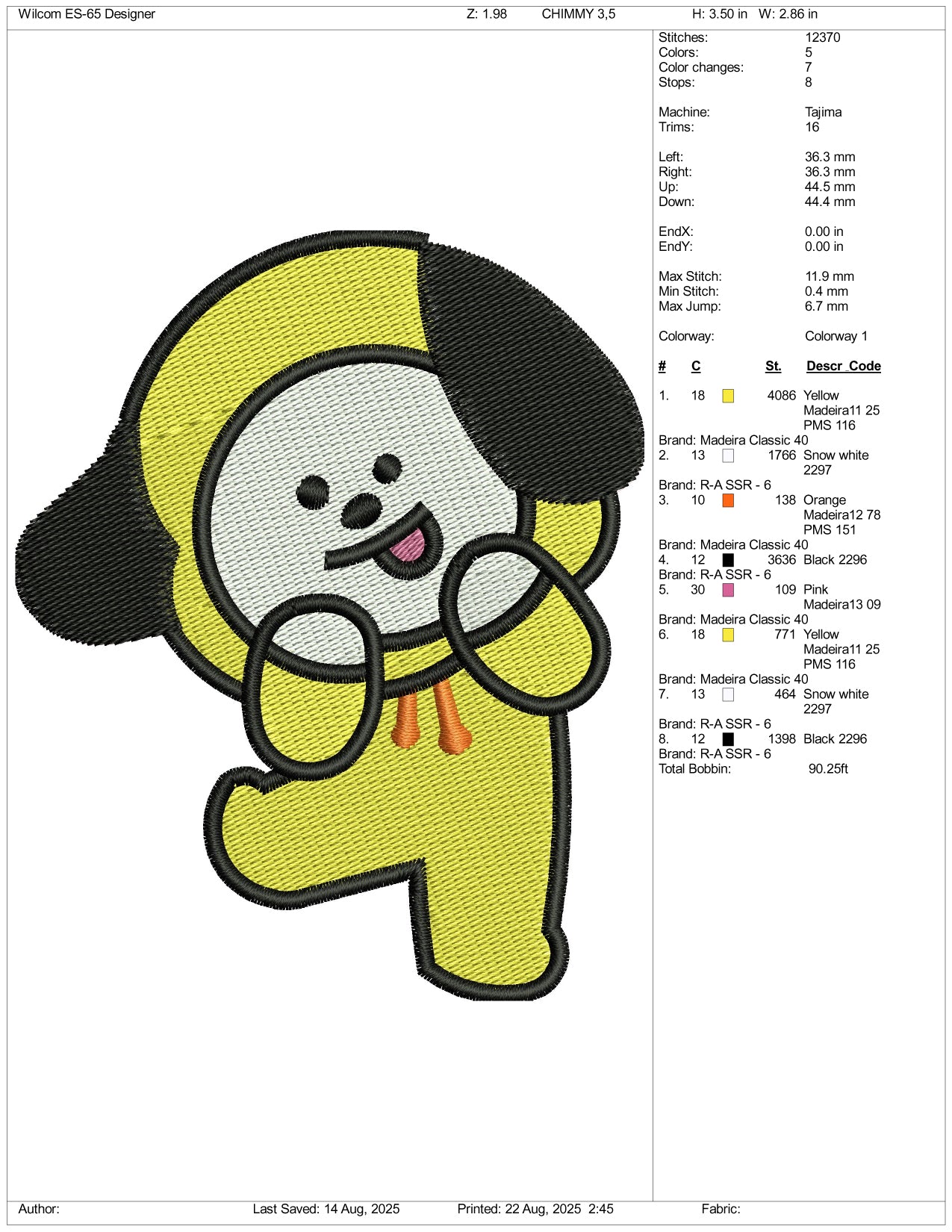 Chimmy jimin Embroidery Design Files - 3 Size's