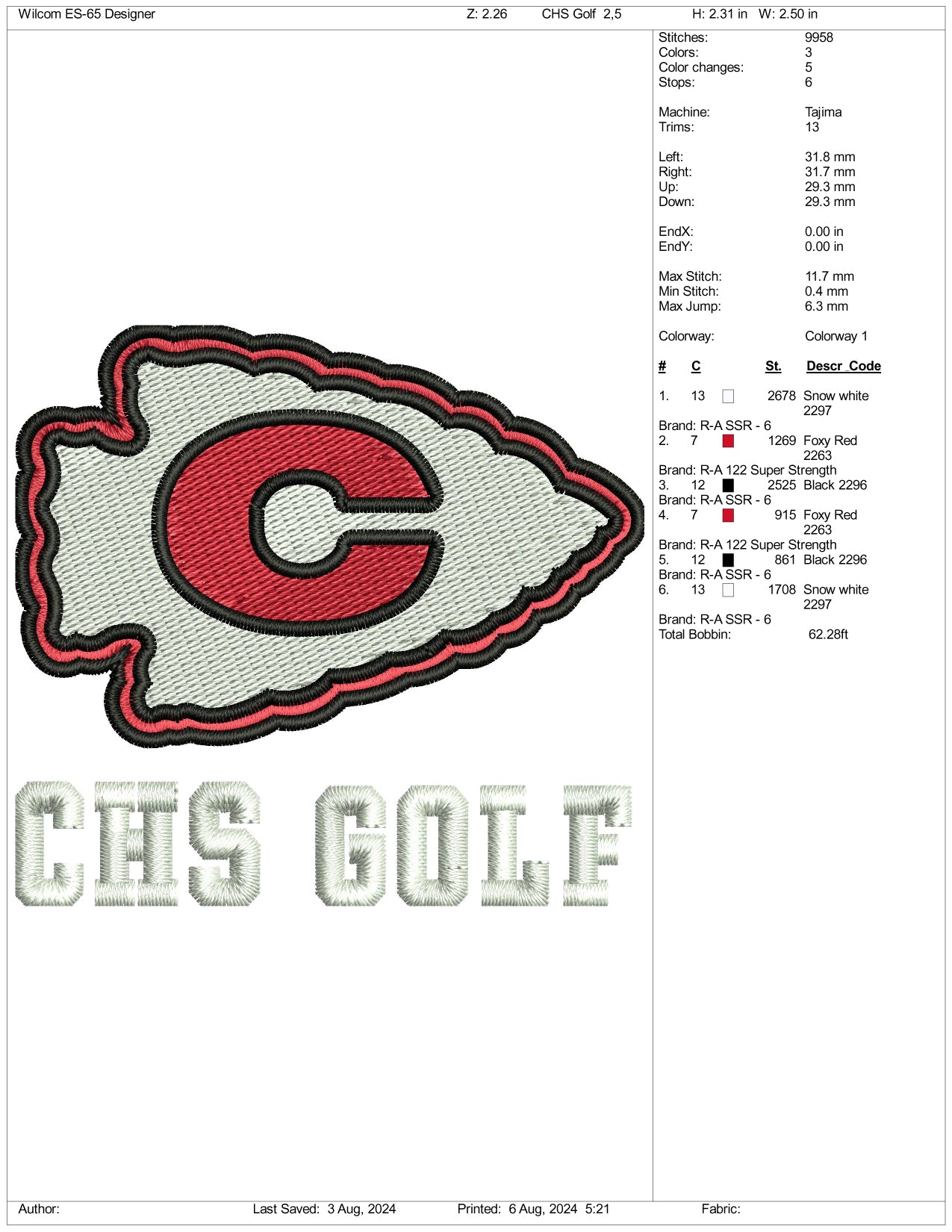Archivos de bordado de golf CHS - 3 tamaños