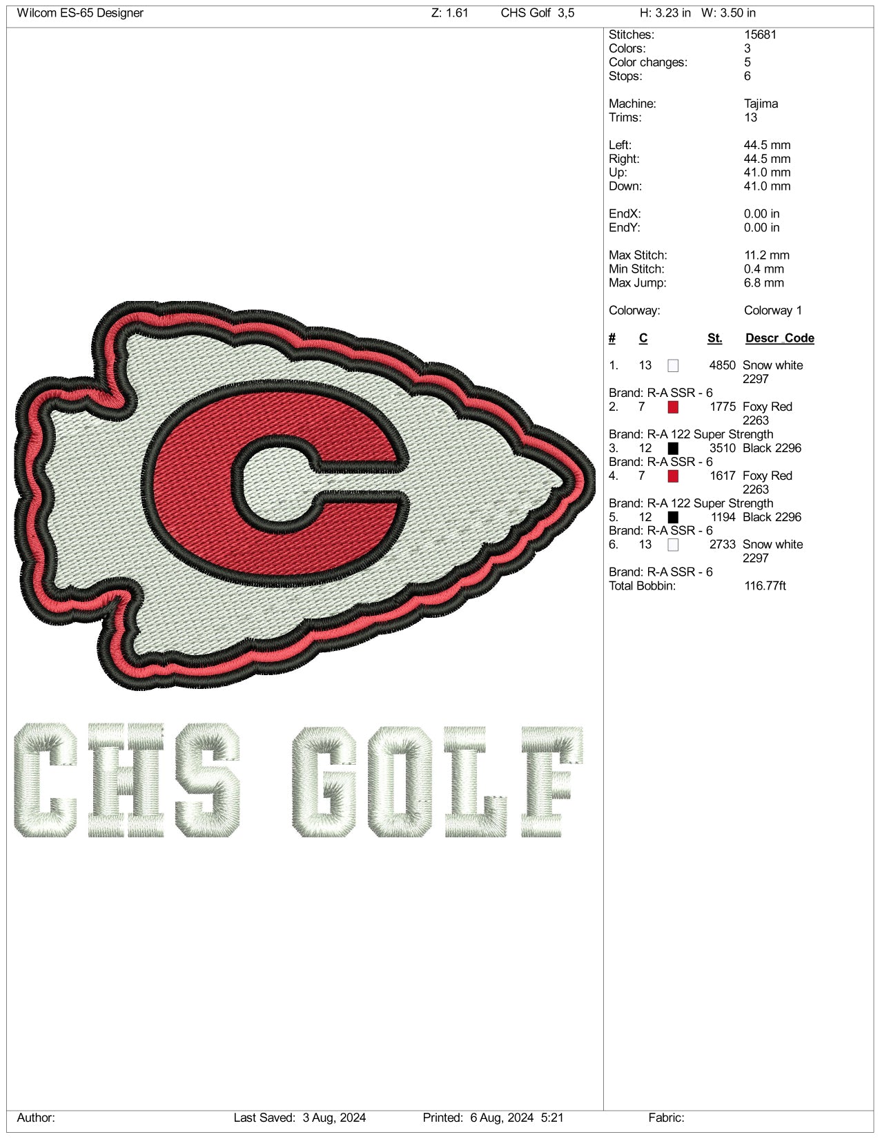 Archivos de bordado de golf CHS - 3 tamaños
