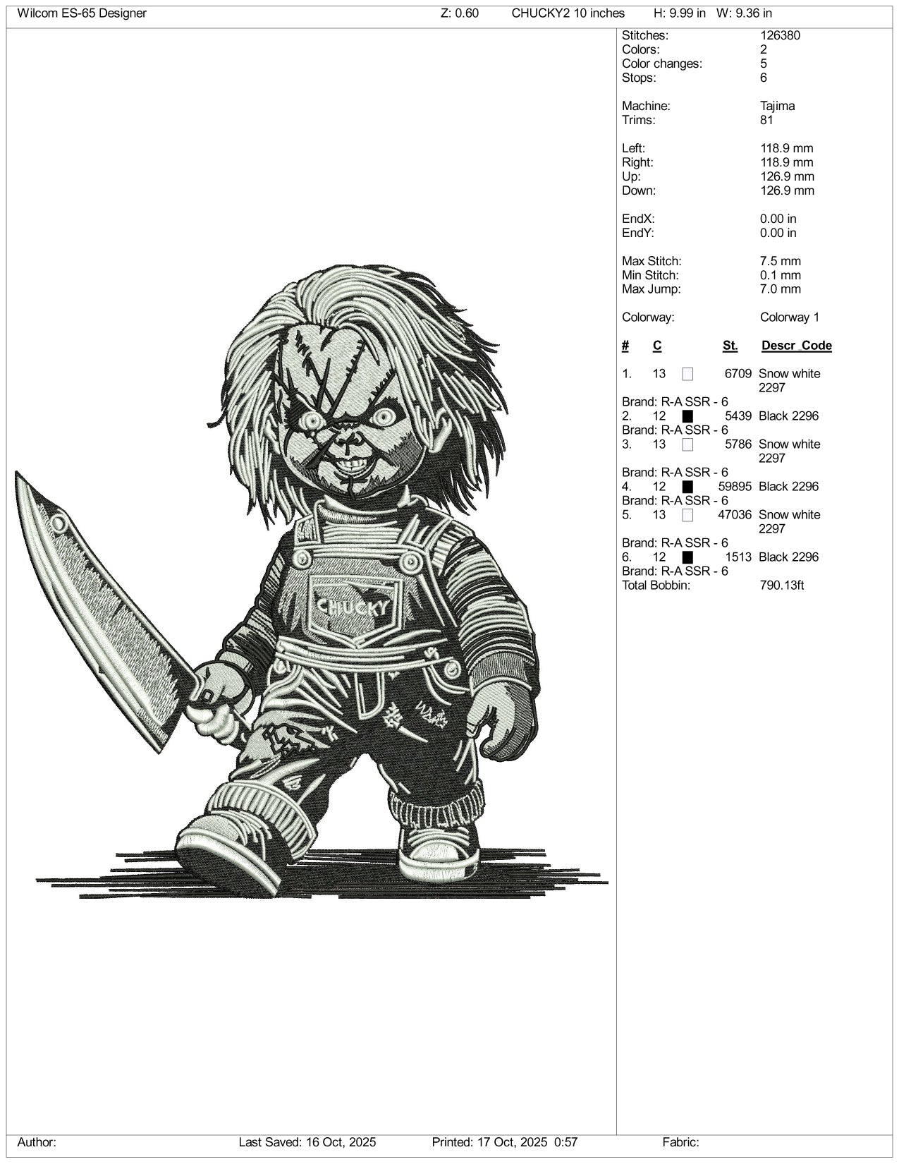 Chucky Embroidery Design Files - 3 Size's