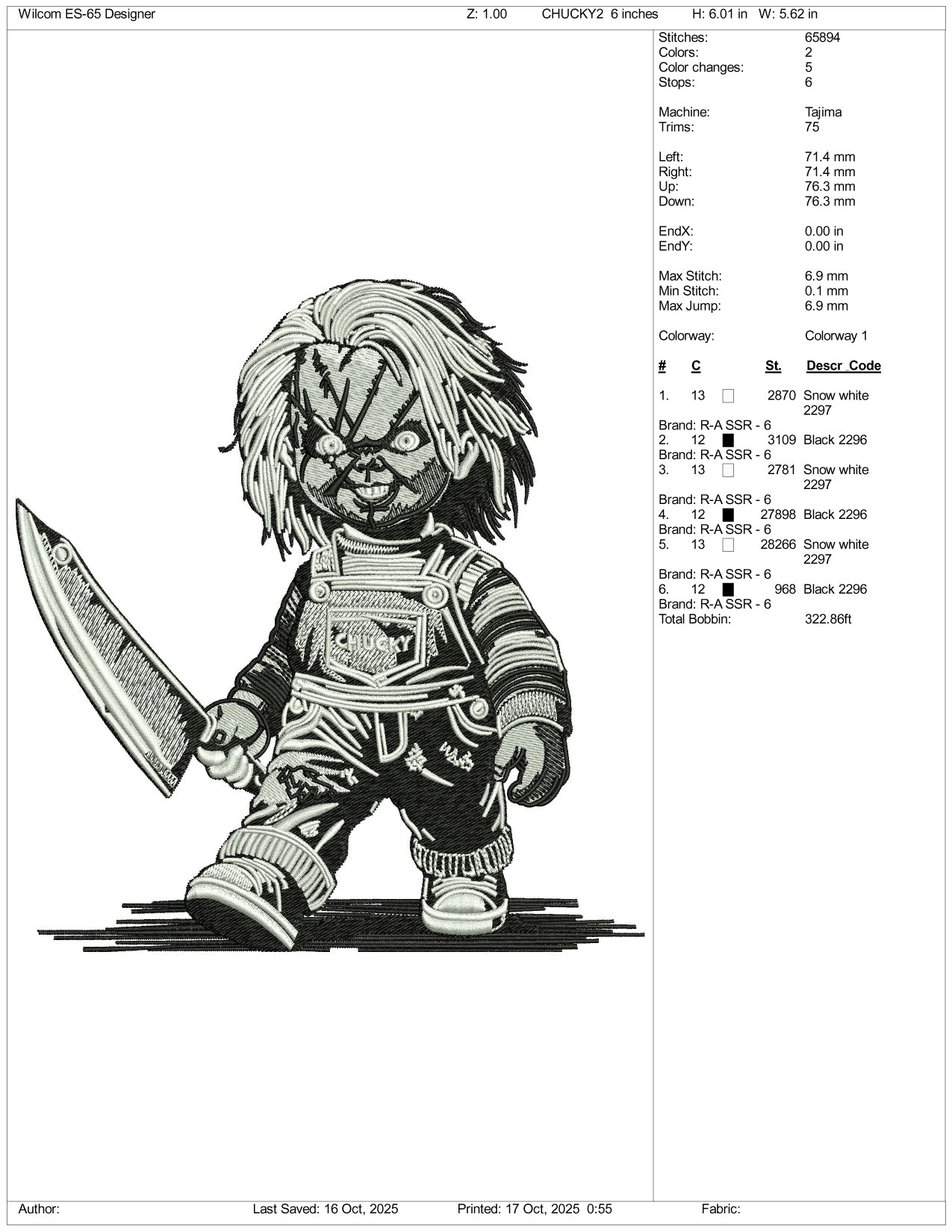 Chucky Embroidery Design Files - 3 Size's