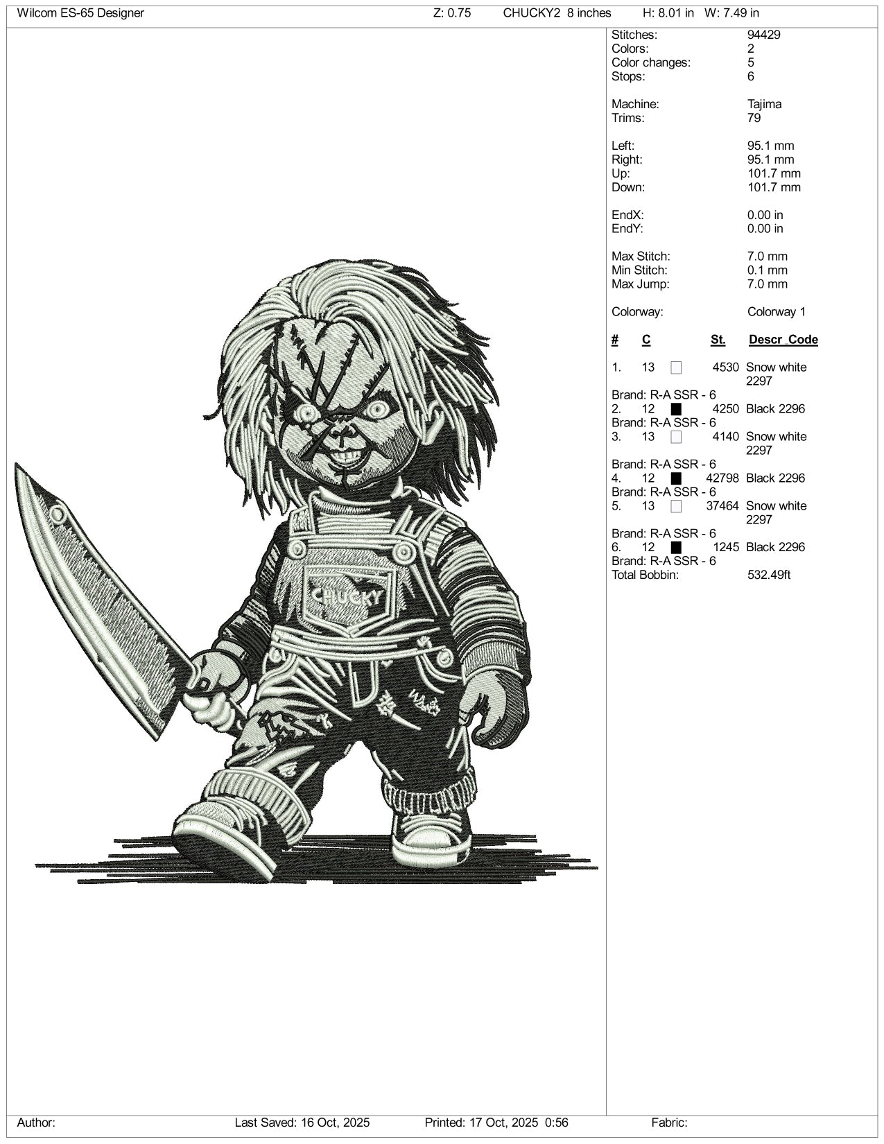 Chucky Embroidery Design Files - 3 Size's
