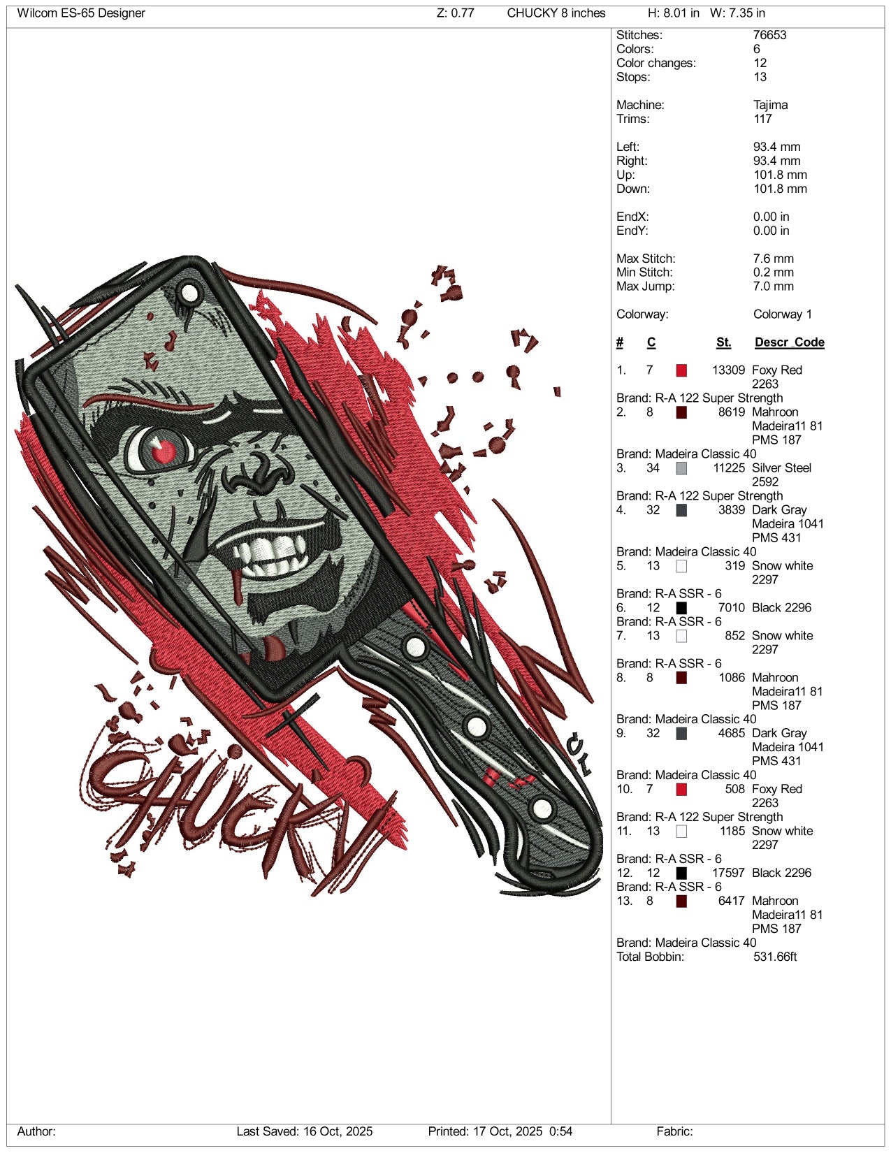 Chucky SAW Embroidery Design Files - 3 Size's