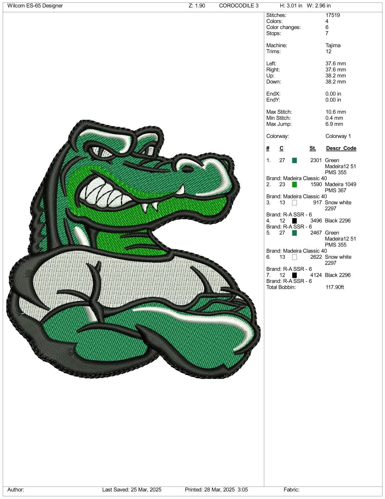Gator Embroidery Design Files - 3 Size's