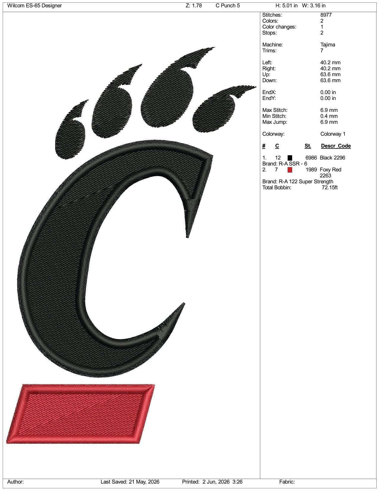 Cincinnati Bearcats Logo Embroidery Design Files - 3 Size's
