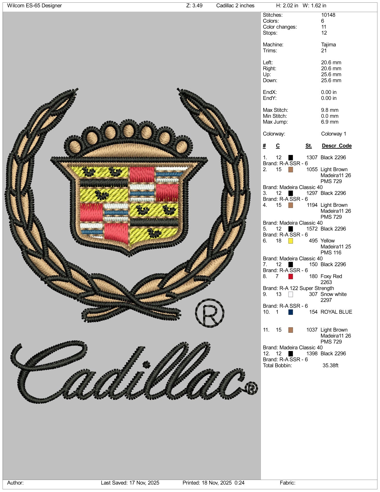 Cadillac Embroidery Design Files - 4 Size's