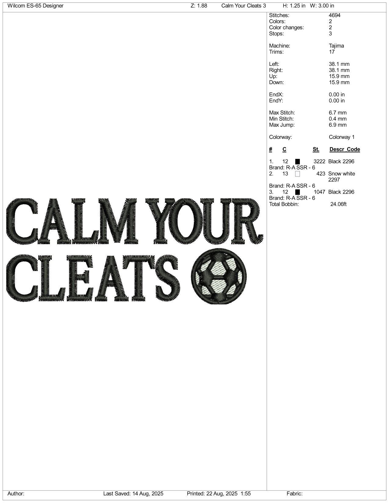 Calm Your Cleats Embroidery Design Files - 3 Size's