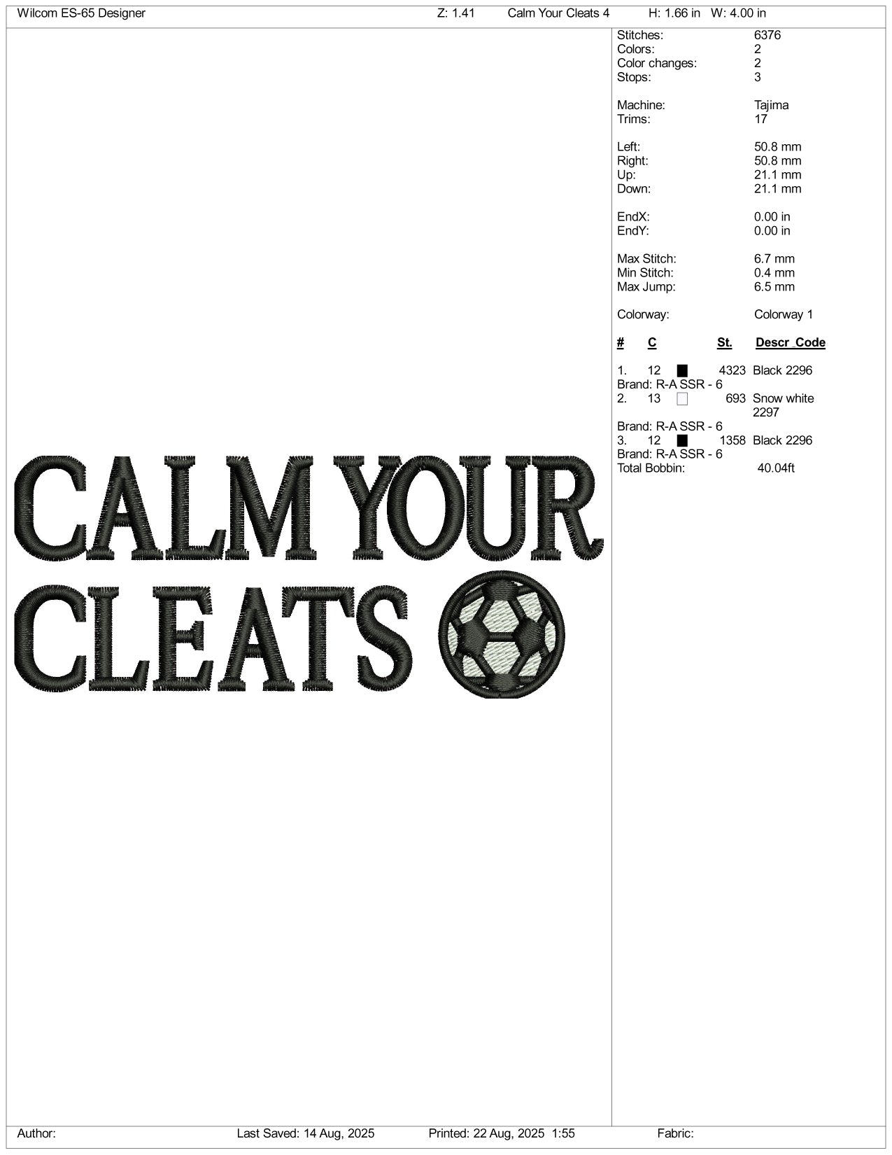Calm Your Cleats Embroidery Design Files - 3 Size's