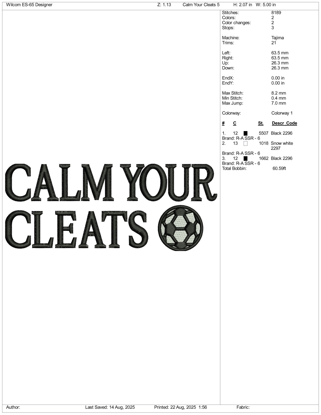 Calm Your Cleats Embroidery Design Files - 3 Size's