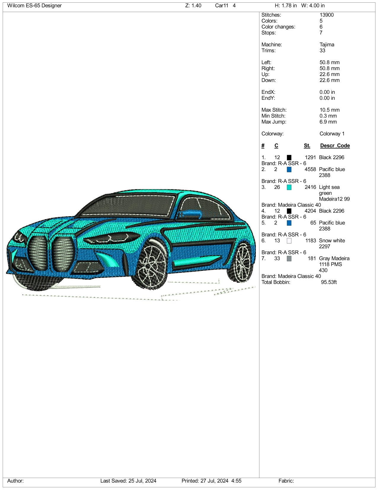 Archivos de diseño de bordado del BMW m4 (3 tamaños)
