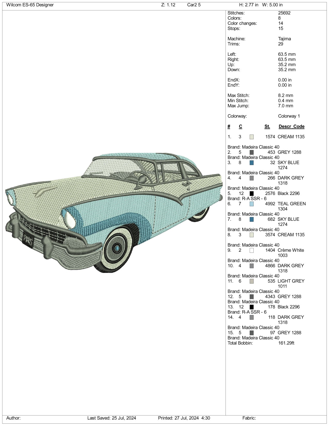 1957 Ford Fairlane Embroidery Design