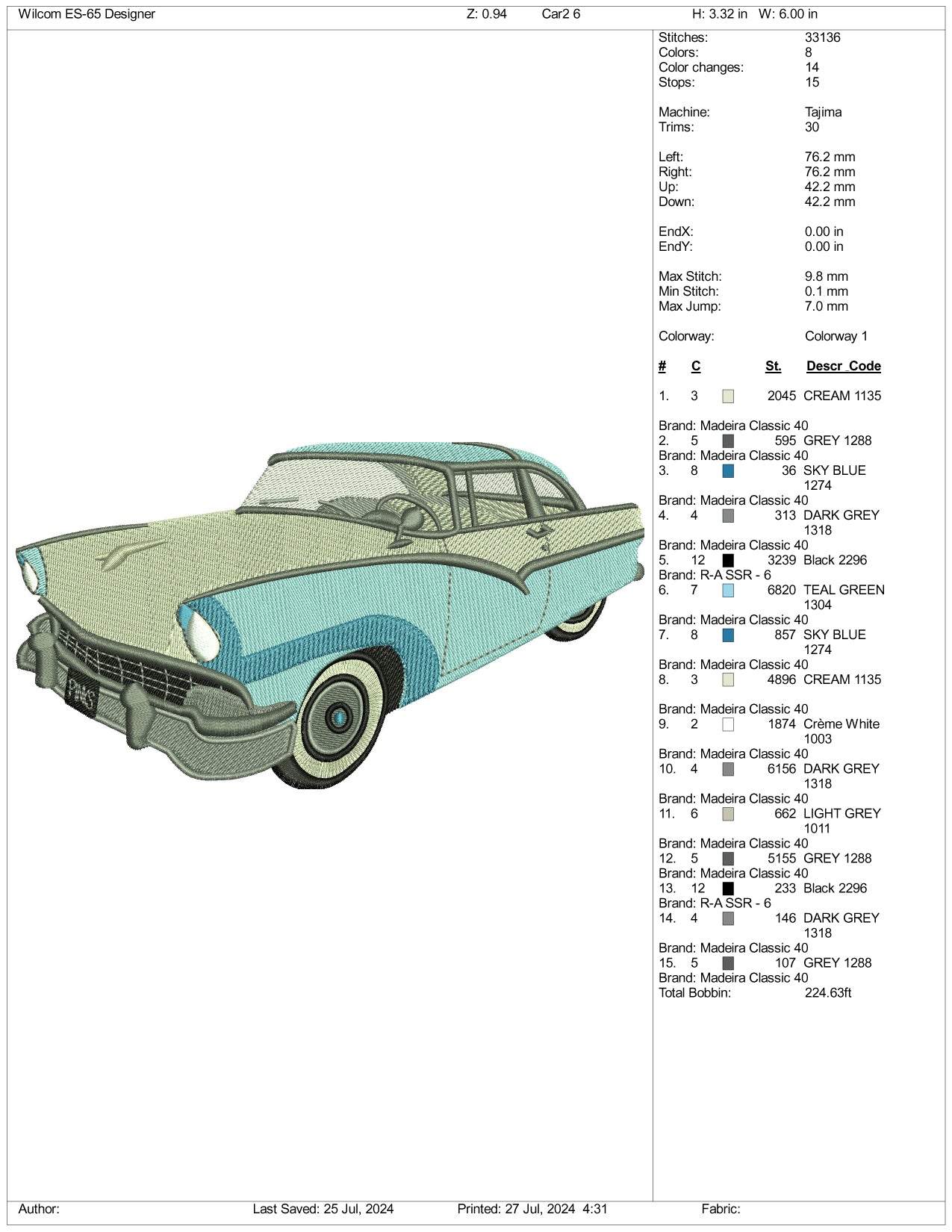 1957 Ford Fairlane Embroidery Design
