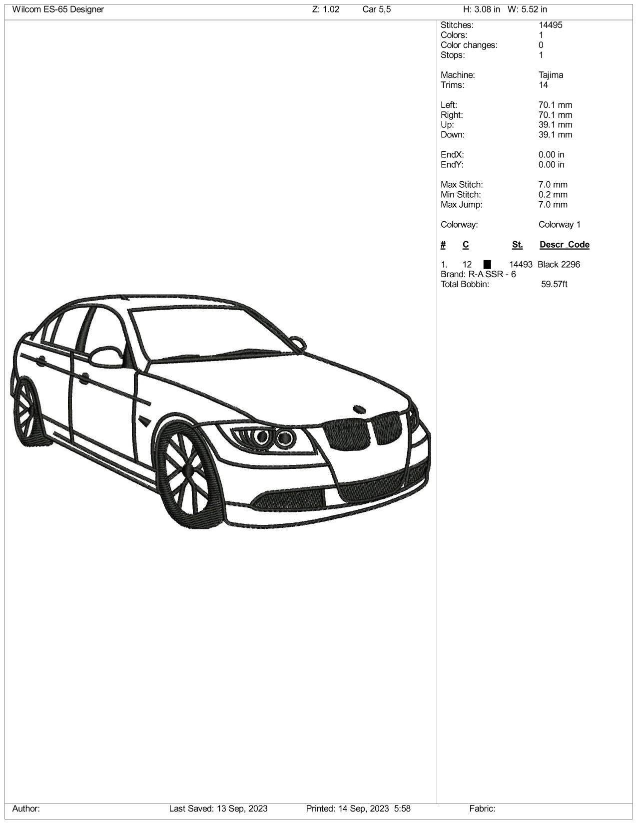 BMW Car Line Art Embroidery Design Files - 3 Size's