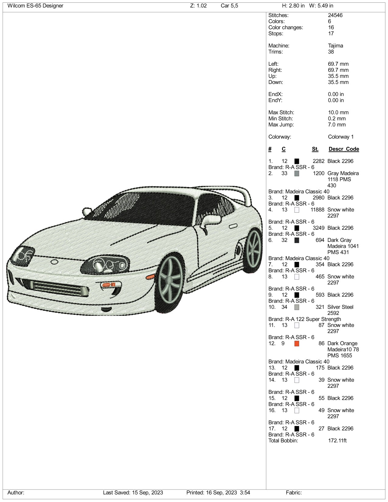 Toyota Supra Embroidery Design Files - 3 Size's