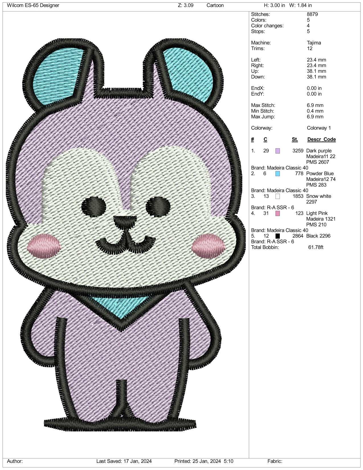 Huimang Bear Embroidery Design Files - 3 Size's