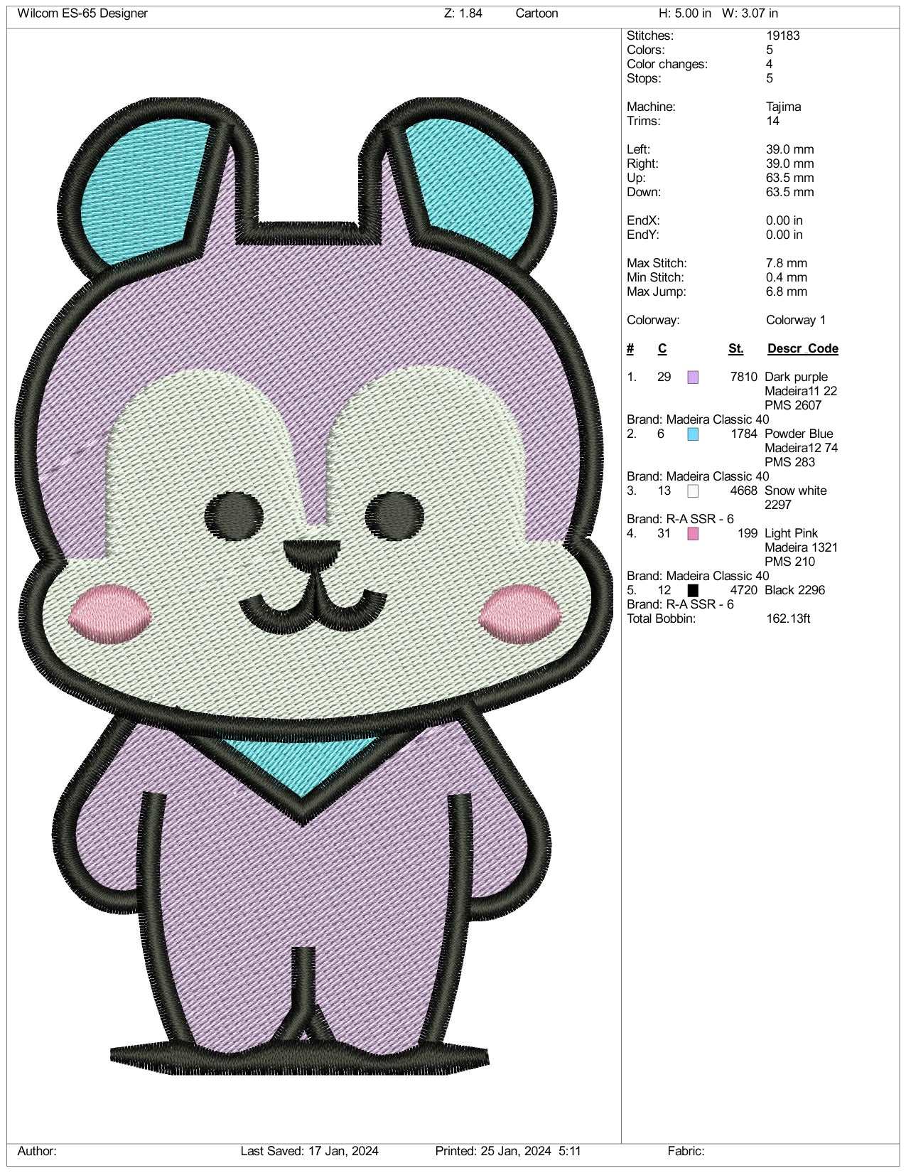 Huimang Bear Embroidery Design Files - 3 Size's