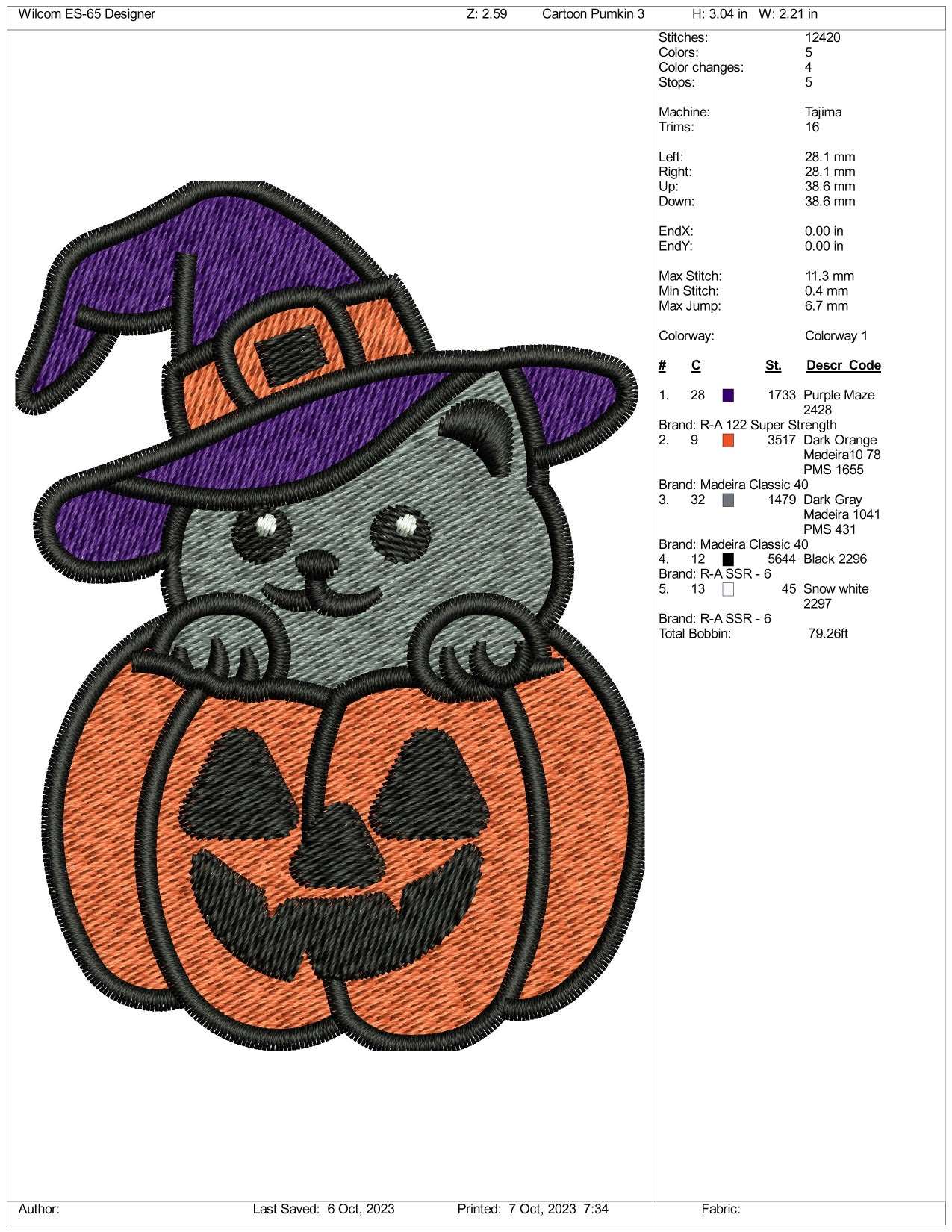 Cat In The Pumkin Embroidery Design Files - 5 Size's