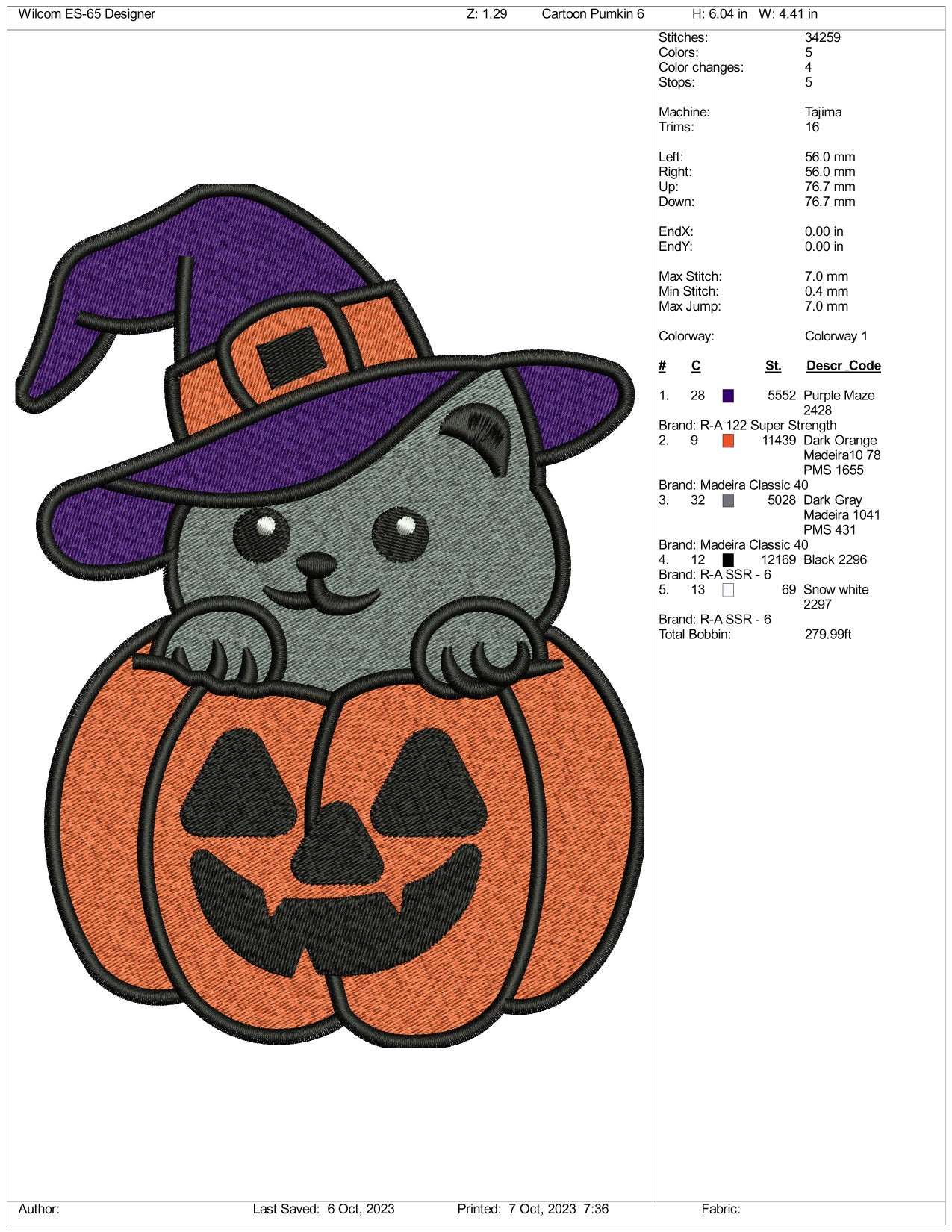 Cat In The Pumkin Embroidery Design Files - 5 Size's