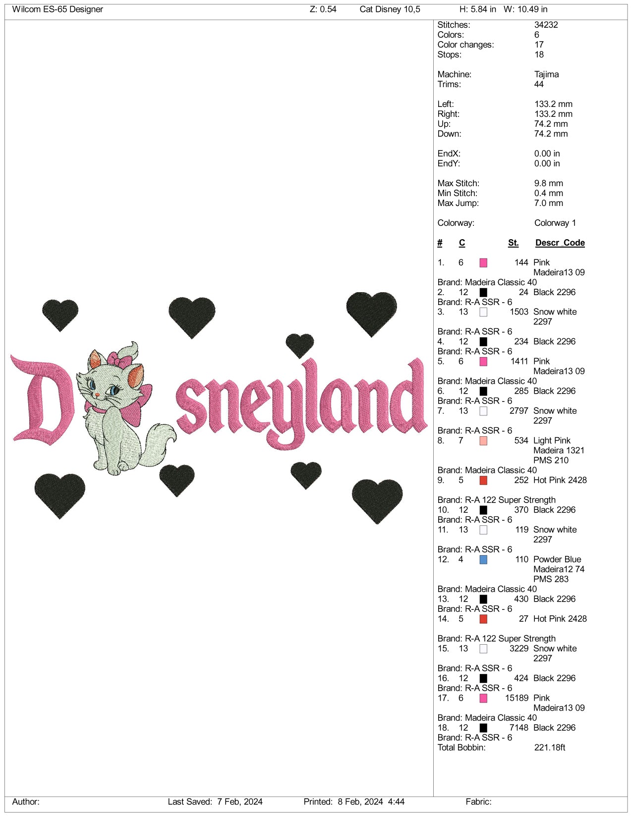 Marie Cat Disneyland Embroidery Design Files - 3 Size's