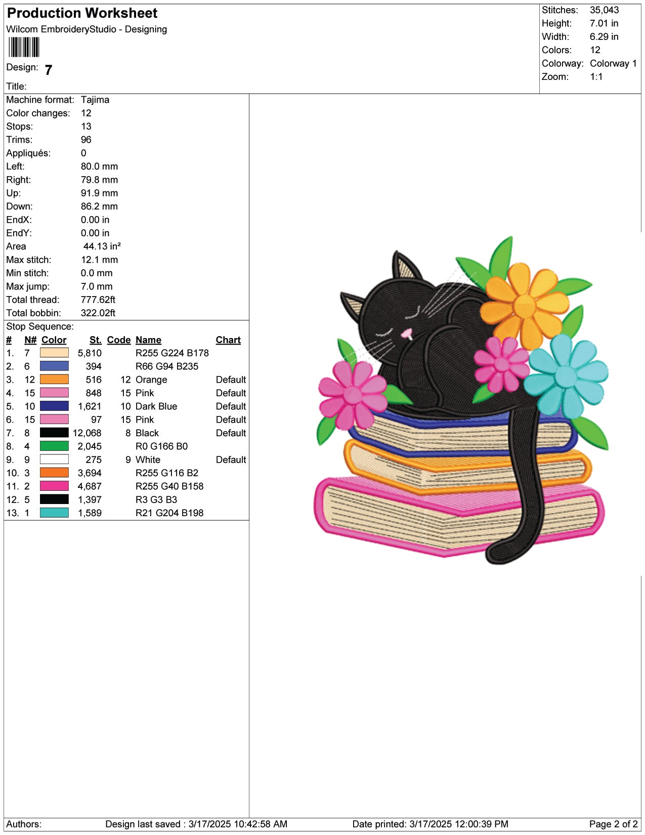 Cat with Books Embroidery Design Files - 9 Size's