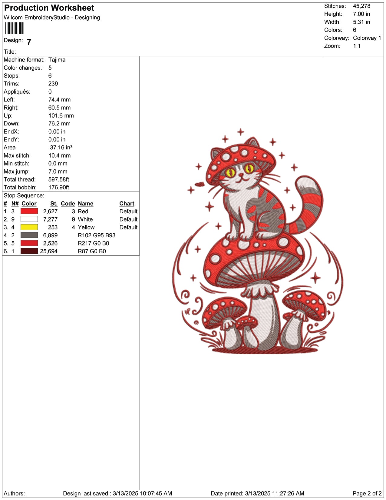 Cat with Mushroom Embroidery Design Files - 9 Size's