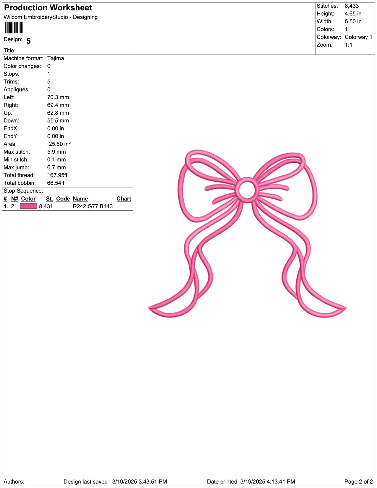 Chic Pink Ribbon Bow Embroidery Design Files - 9 Size's