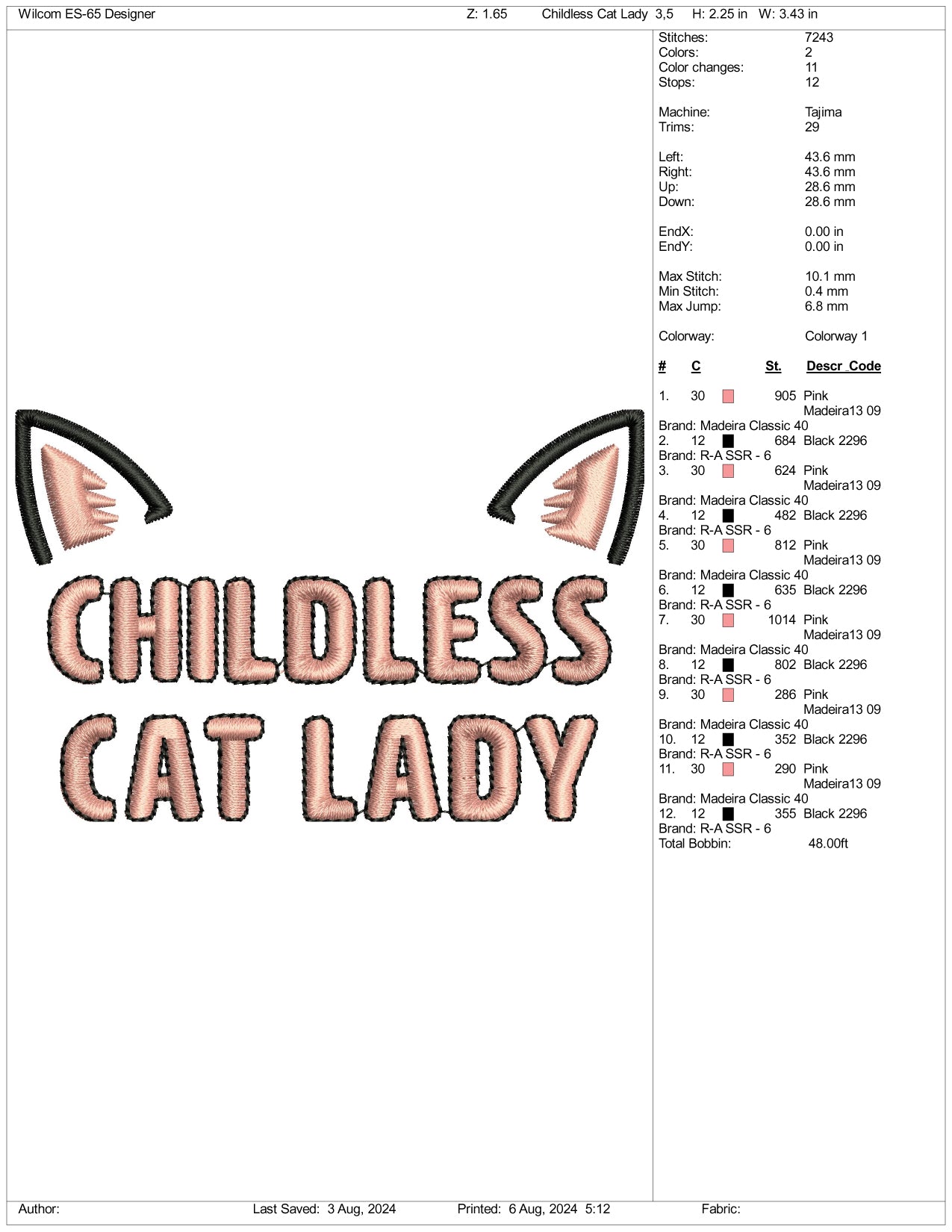 Childless Cat Lady Embroidery Files - 3 Size's