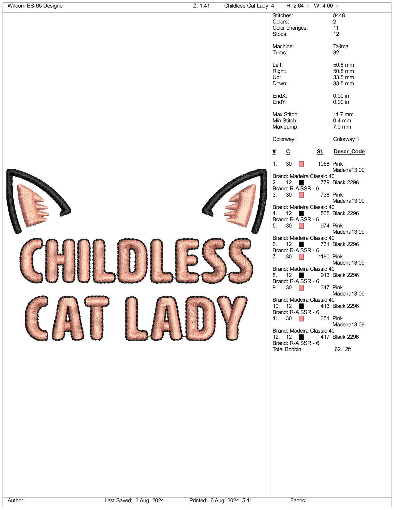 Childless Cat Lady Embroidery Files - 3 Size's