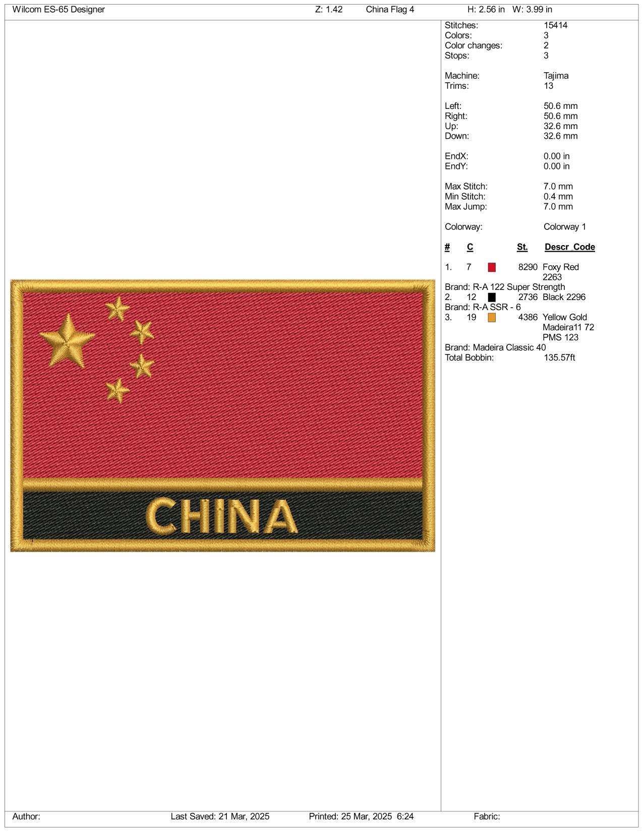 China Flag Embroidery Files - 3 Size's