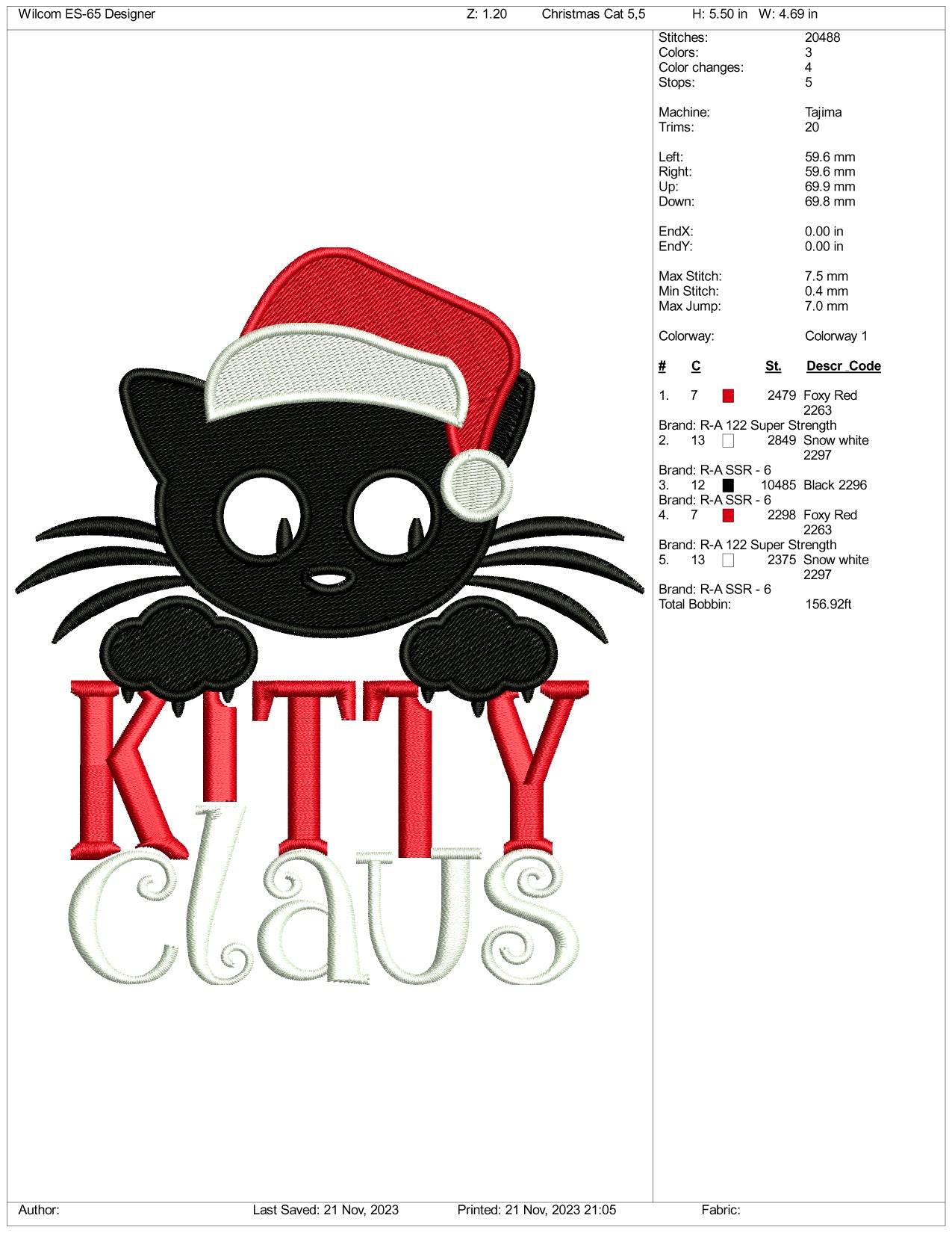 Kitty Claus Embroidery Design Files - 3 Size's