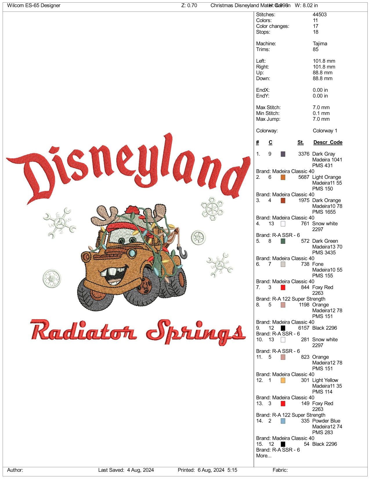 Disneyland Radiator Springs Embroidery Files - 3 Size's