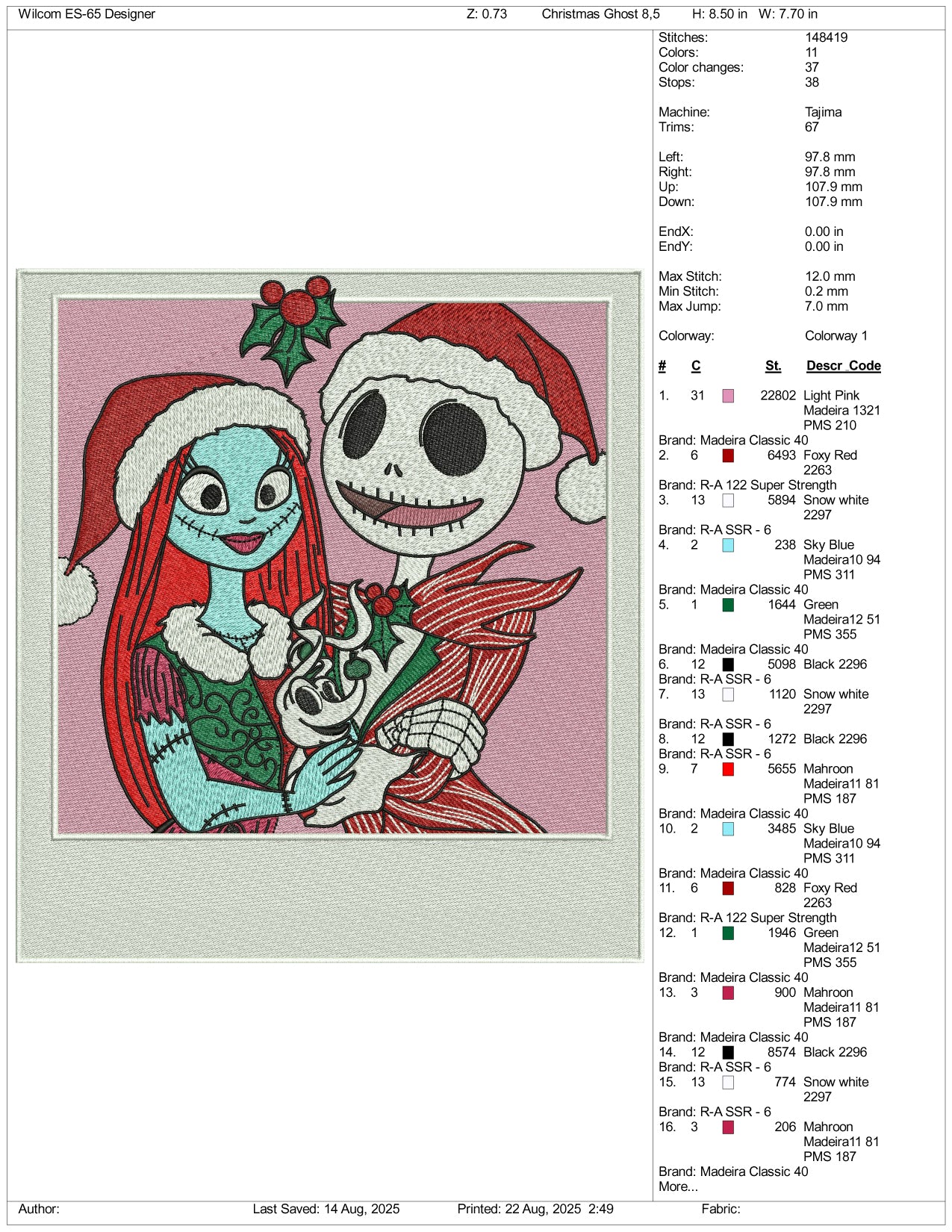 Jack & Sally Christmas v2 Embroidery Design Files - 3 Size's