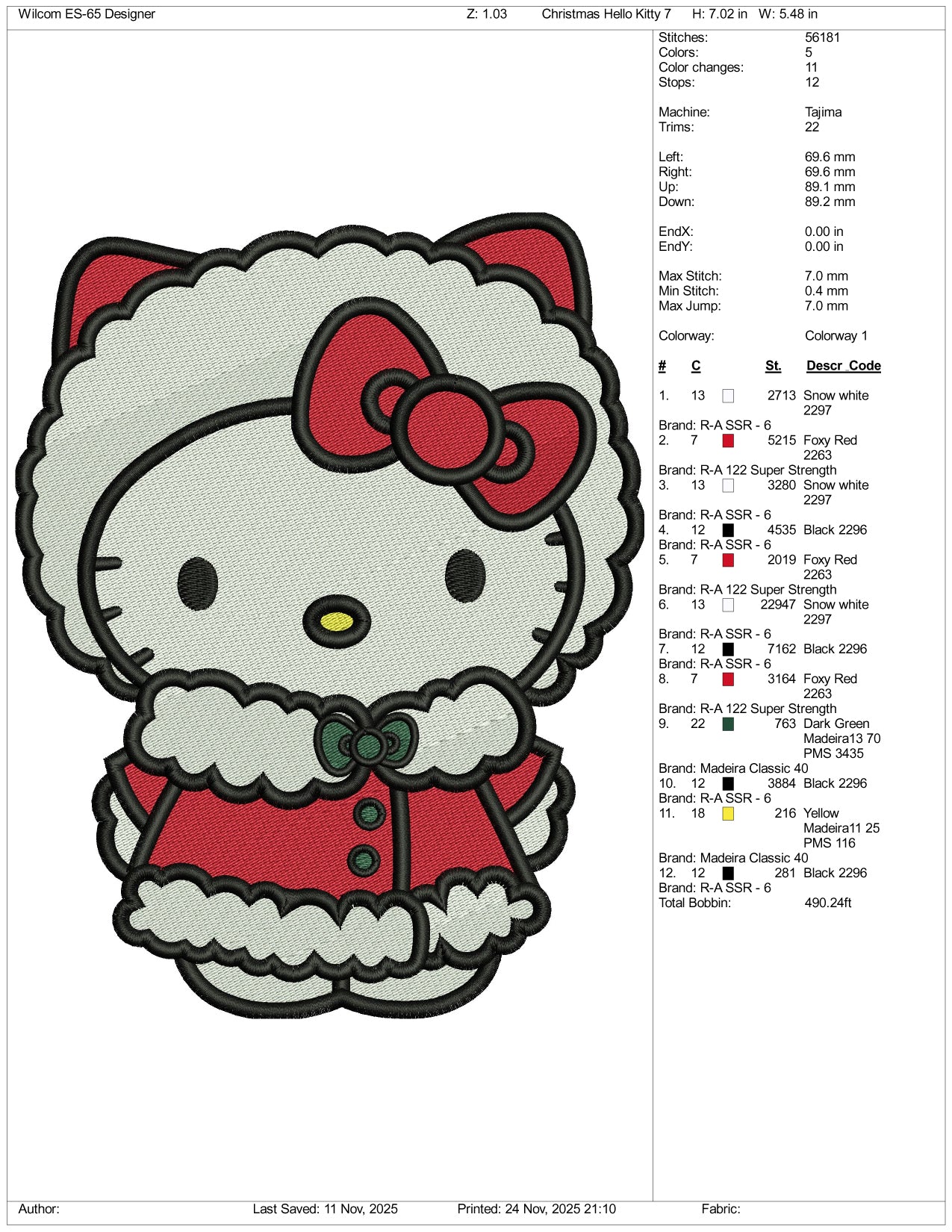 Hello KItty Winter Embroidery Design Files - 5 Size's