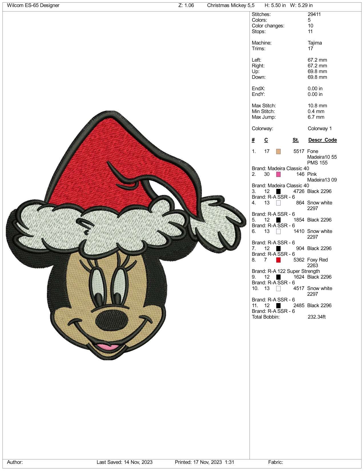 Christmas Mickey Mouse Santa Embroidery Design Files - 3 Size's
