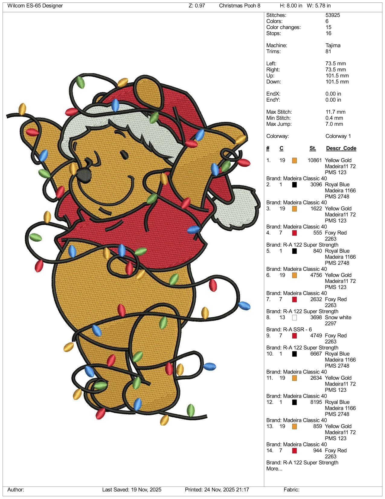 Pooh Christmas Lights Embroidery Design Files - 5 Size's