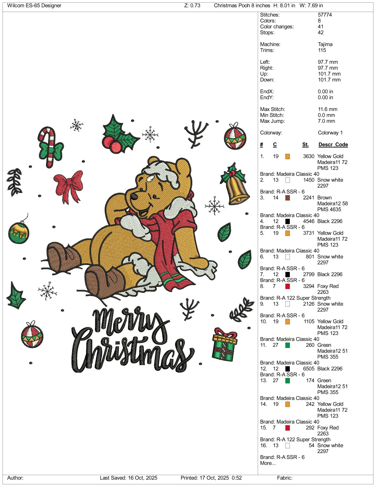 Winnie The Pooh Merry Christmas Embroidery Design Files - 4 Size's